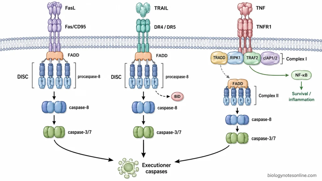 Comparison of Fas, TRAIL, and TNFR1 signaling showing direct FADD-DISC activation by Fas and TRAIL receptors and complex I–complex II signaling through TNFR1.