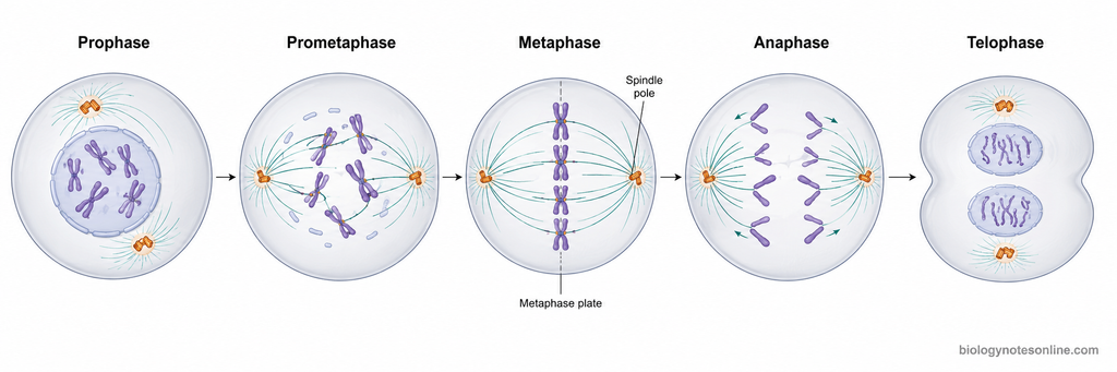 Mitosis - Definition, Stages, Process, and Importance 3 Sequential diagram of prophase, prometaphase, metaphase, anaphase and telophase showing chromosome condensation, spindle attachment, alignment, separation and nuclear reformation.