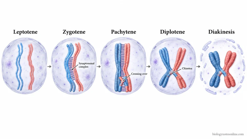 Prophase: Definition, Events, and Stages in Cell Division 2 Sequential diagram showing leptotene, zygotene, pachytene, diplotene, and diakinesis, including chromosome pairing, crossing over, and chiasmata.