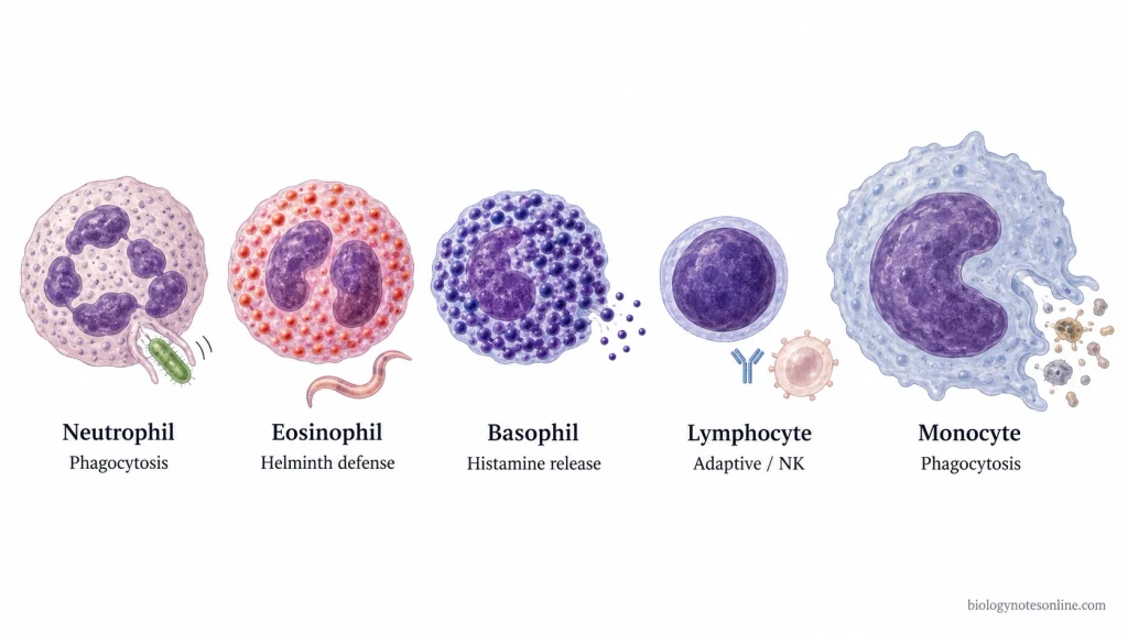 Neutrophil, eosinophil, basophil, lymphocyte, and monocyte compared by nuclear shape, cytoplasmic granules, relative size, and major immune function.