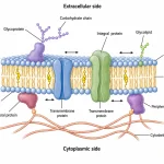 Labeled diagram of the fluid mosaic model showing a phospholipid bilayer with membrane proteins, cholesterol, glycoproteins, glycolipids, carbohydrate chains, and cytoskeletal attachments.