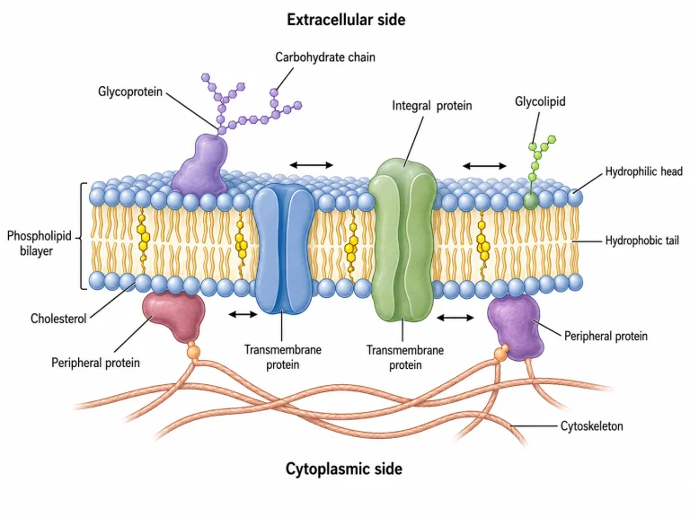 Labeled diagram of the fluid mosaic model showing a phospholipid bilayer with membrane proteins, cholesterol, glycoproteins, glycolipids, carbohydrate chains, and cytoskeletal attachments.
