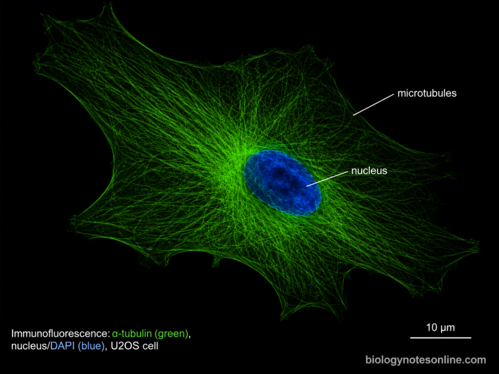 Fluorescence micrograph showing a dense network of microtubules extending through the cytoplasm around the nucleus.
