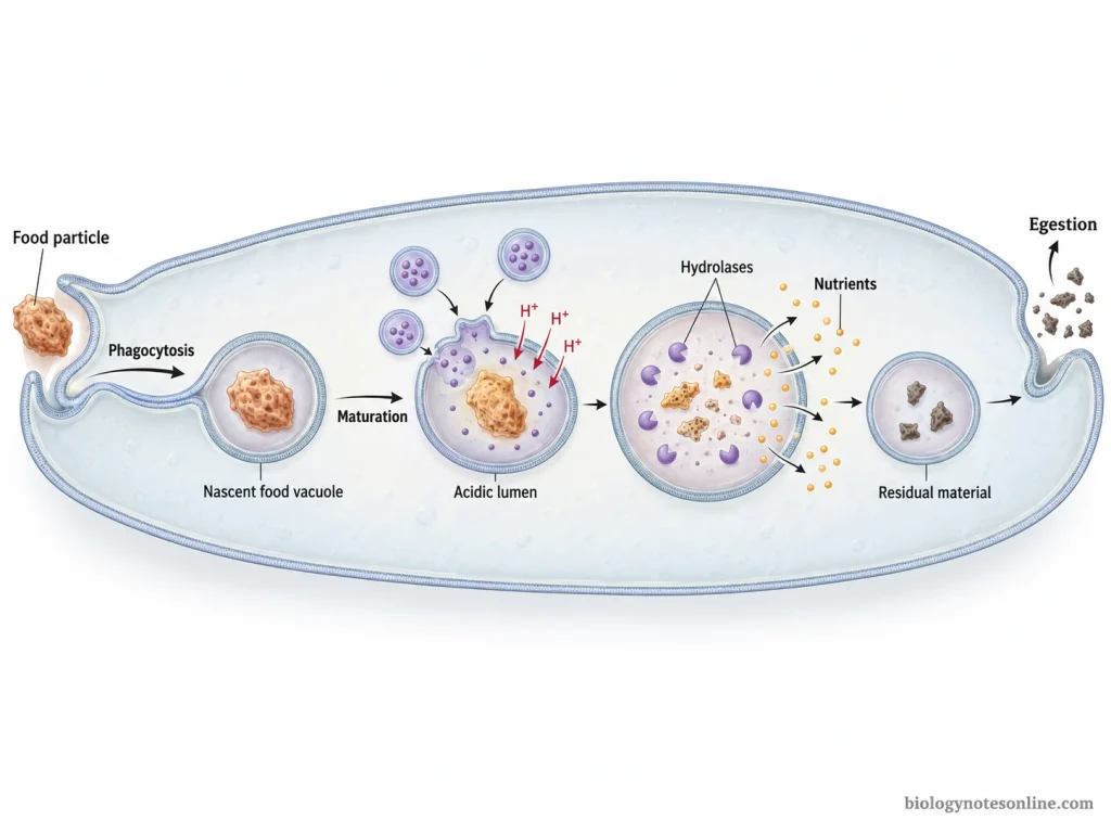 Food vacuole formation from phagocytosis through vacuole maturation, enzymatic digestion, nutrient release, and egestion of undigested residue.