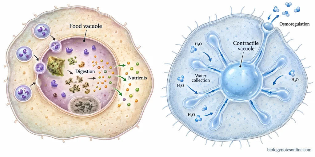 Comparison of a food vacuole digesting particulate food and releasing nutrients with a contractile vacuole collecting and expelling excess water for osmoregulation.