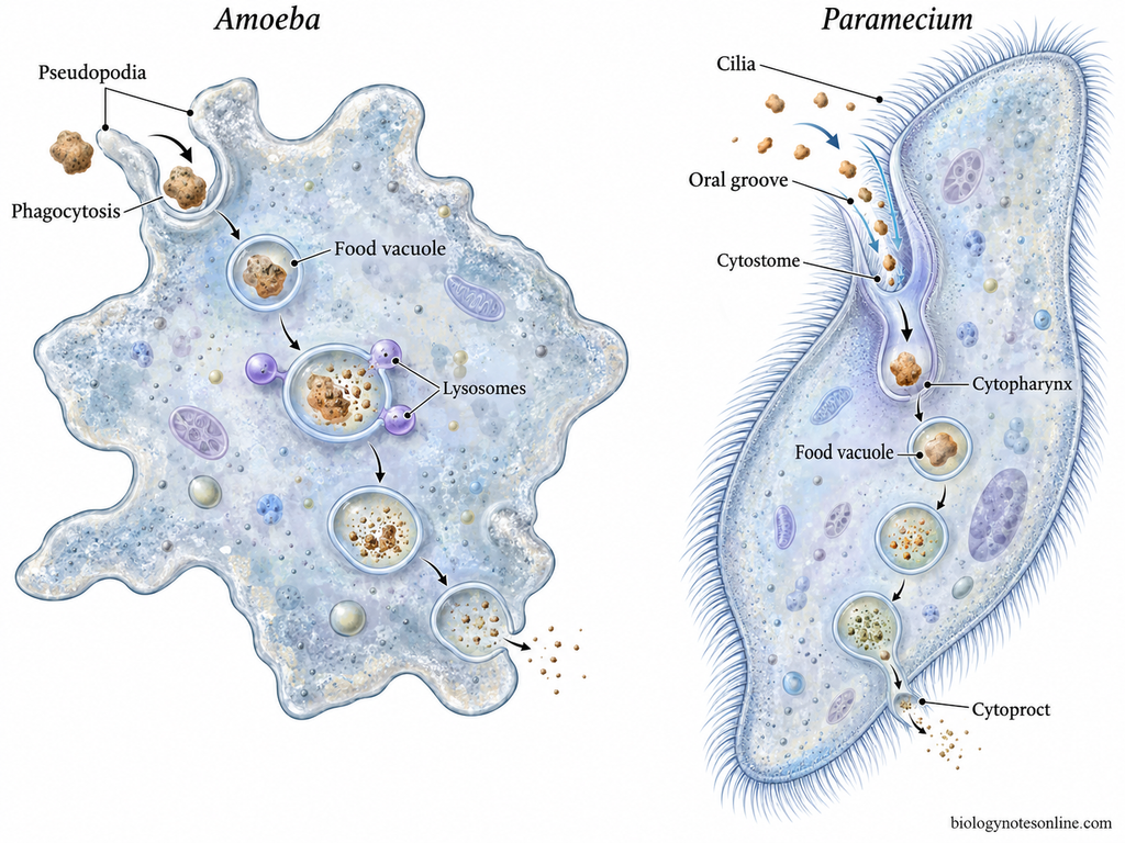 Comparison of food-vacuole formation in Amoeba by pseudopodial phagocytosis and in Paramecium through the cytostome and cytopharynx before digestion and egestion at the cytoproct.