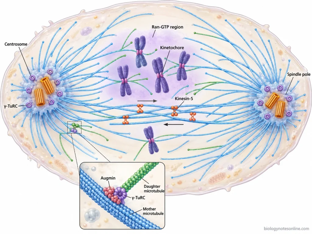 Animal cell schematic showing spindle microtubule formation at centrosomes, around chromosomes, and from existing microtubules through augmin-dependent nucleation.