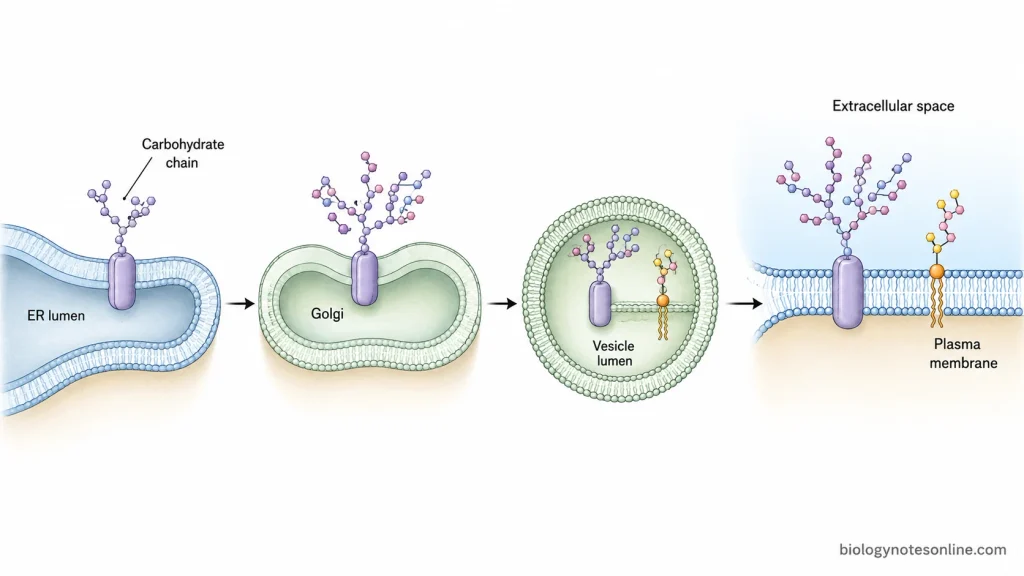 ER-to-Golgi membrane trafficking schematic showing lumen-facing carbohydrate chains becoming exposed on the extracellular side after vesicle fusion with the plasma membrane.