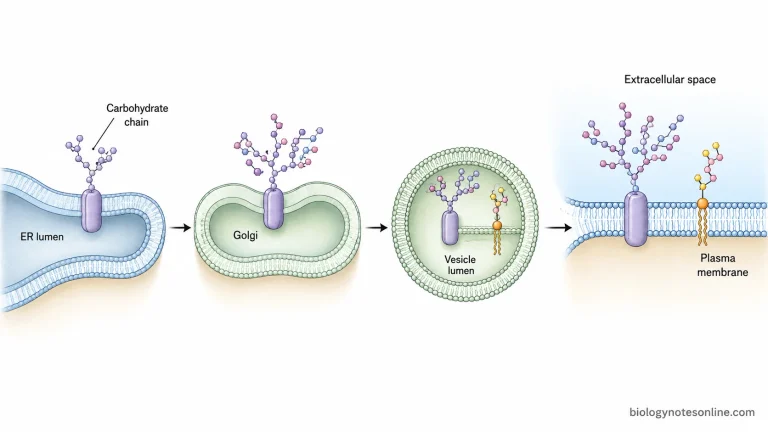 ER-to-Golgi membrane trafficking schematic showing lumen-facing carbohydrate chains becoming exposed on the extracellular side after vesicle fusion with the plasma membrane.