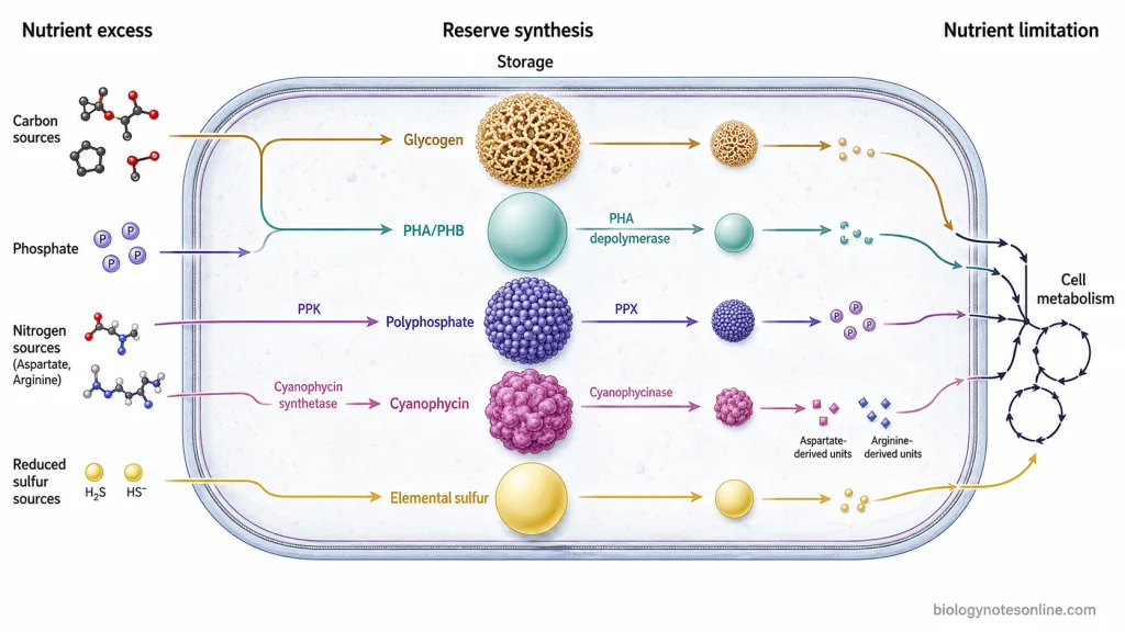 Comparison of a bacterial cell containing many free nutrient molecules with a cell storing the same material in compact polymer granules for later mobilization.