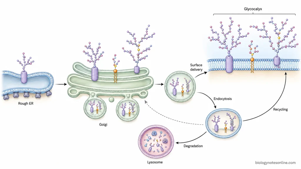 Cellular pathway showing ER and Golgi processing of glycocalyx components, delivery to the plasma membrane, endocytosis, recycling and lysosomal degradation.