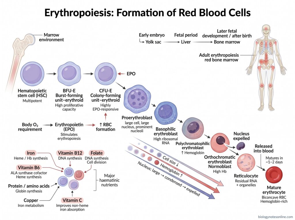 Red Blood Cells (RBCs): Definition, Structure, Functions, Formation and Life Cycle 6 Diagram showing Formation of Red Blood Cells — Erythropoiesis