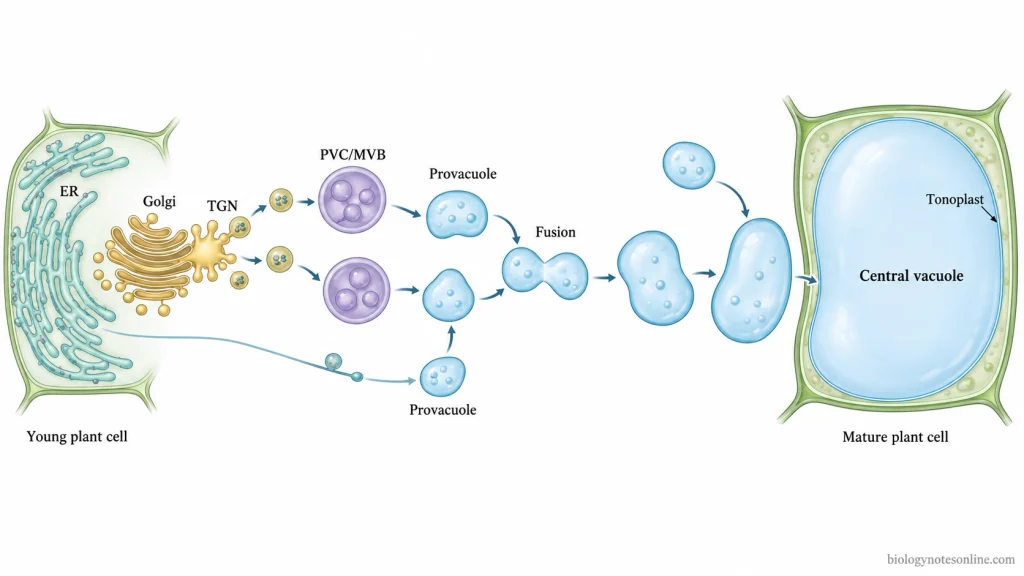 Plant vacuole formation showing ER and Golgi/TGN trafficking, prevacuolar compartments, provacuoles, membrane fusion, enlargement, and formation of the central vacuole.