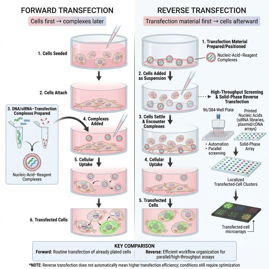 Reverse Transfection: Principle, Protocol, Steps & Applications 10 diagram showing Forward Transfection vs Reverse Transfection