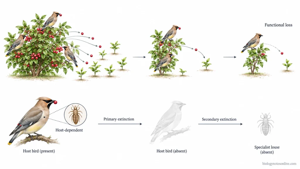 Ecological schematic showing a rare species losing its seed-dispersal function and a host-specific dependent species disappearing after extinction of its host.