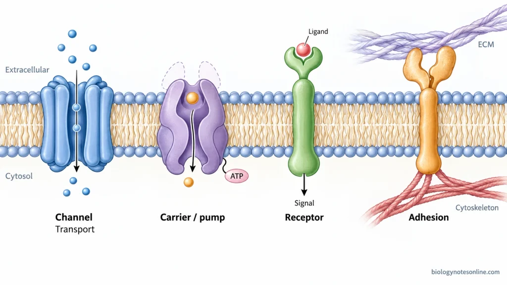 Integral membrane proteins use their position in the lipid bilayer to mediate transport, signal reception, membrane-associated reactions, and physical connections across the cell membrane.