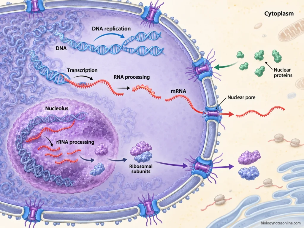 Diagram showing DNA replication, transcription and RNA processing inside the nucleus, nucleolar ribosomal-subunit formation, RNA export, and protein import through nuclear pore complexes.