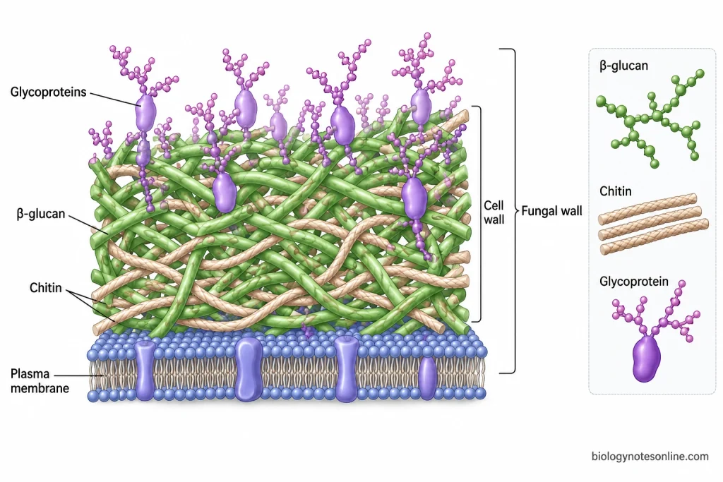 Generalized fungal cell wall showing an interconnected β-glucan and chitin scaffold with glycoproteins outside the plasma membrane.