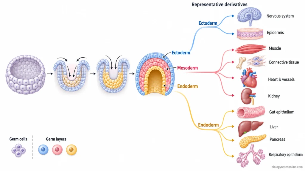 Gastrulation reorganizing an early embryo into ectoderm, mesoderm and endoderm, with representative tissues and organs arising from each germ layer.