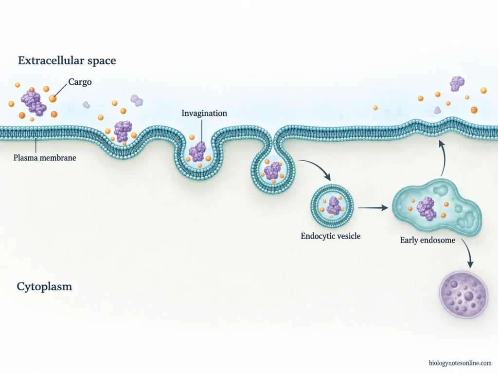 Plasma membrane bending around extracellular cargo, pinching off as an endocytic vesicle, and delivering material toward an early endosome.