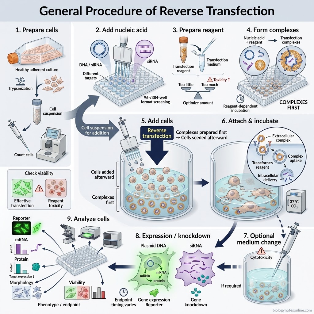 Reverse Transfection: Principle, Protocol, Steps & Applications 4 Schematic diagram showing General Procedure of Reverse Transfection