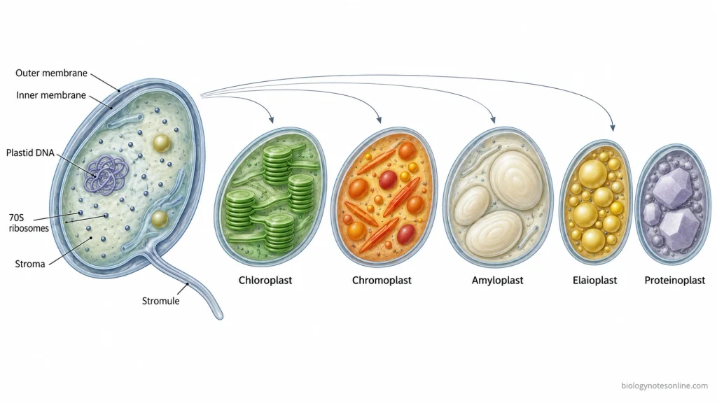 Comparison of plastid structure showing the common double envelope, stroma, DNA and ribosomes alongside chloroplast, chromoplast and storage-plastid internal organization.