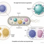 Diagram showing storage granules inside a bacterial cell with magnified views of glycogen, PHA, polyphosphate, and cyanophycin granules and their different structural organization.