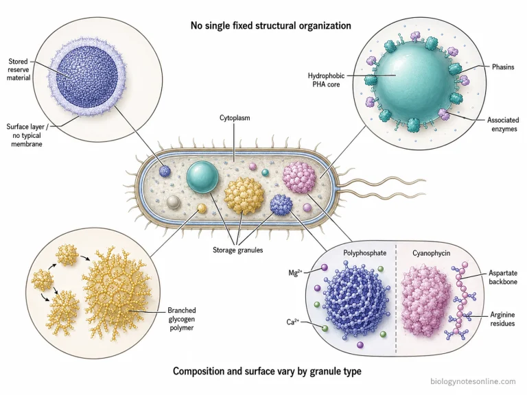 Diagram showing storage granules inside a bacterial cell with magnified views of glycogen, PHA, polyphosphate, and cyanophycin granules and their different structural organization.
