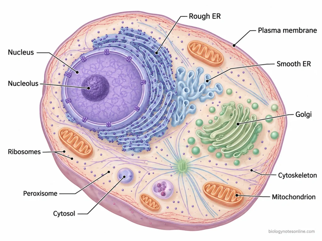 Generalized eukaryotic cell showing the nucleus, ER, Golgi apparatus, mitochondria, ribosomes, peroxisome, cytoskeleton and plasma membrane.