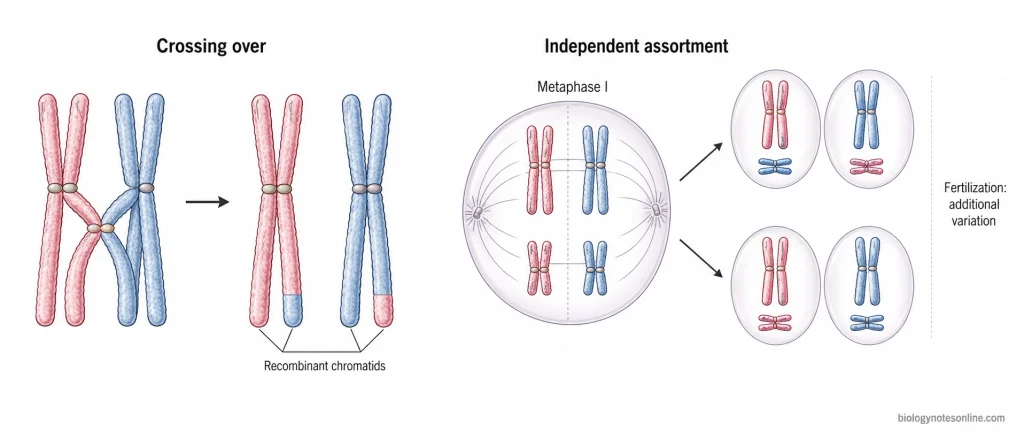 Crossing over between non-sister chromatids creates recombinant chromosomes, while independent orientation of homologous pairs produces different chromosome combinations.