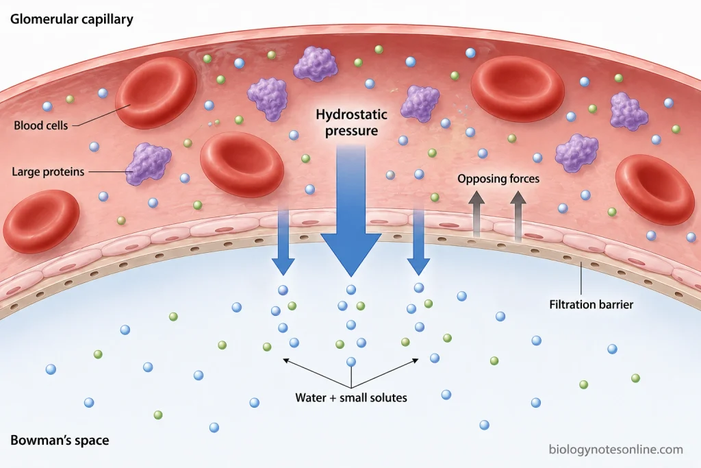 Passive Transport in Cells - Types, Mechanisms, and Examples 6 Glomerular capillary schematic showing hydrostatic pressure driving water and small solutes across the filtration barrier into Bowman’s space while cells and large proteins remain in blood.