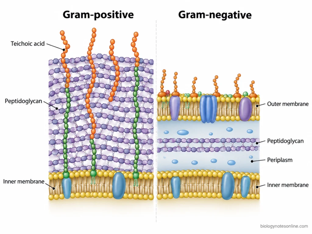 Comparison of Gram-positive and Gram-negative bacterial envelopes showing thick versus thin peptidoglycan and the outer membrane of Gram-negative bacteria.