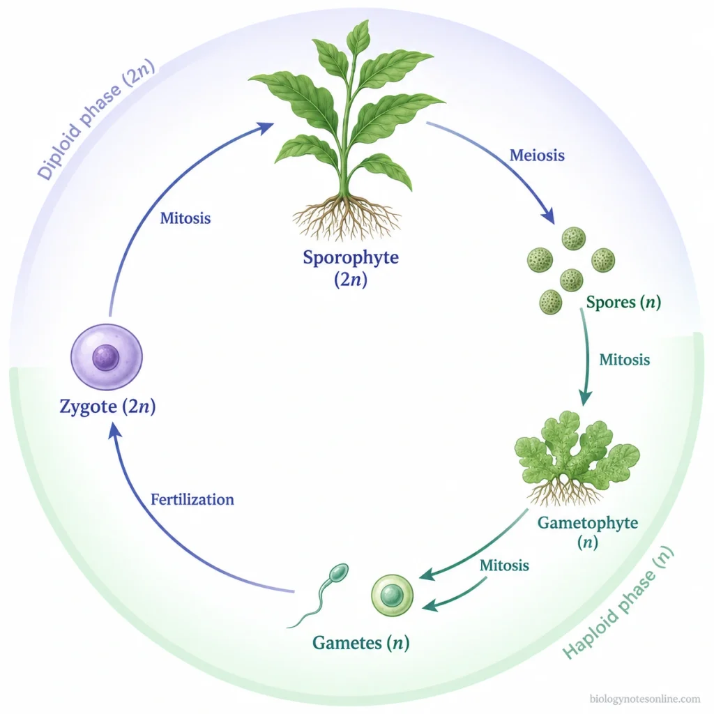 Plant alternation-of-generations cycle showing meiosis producing haploid spores, mitotic growth of the gametophyte, gamete production, fertilization, and the diploid sporophyte.