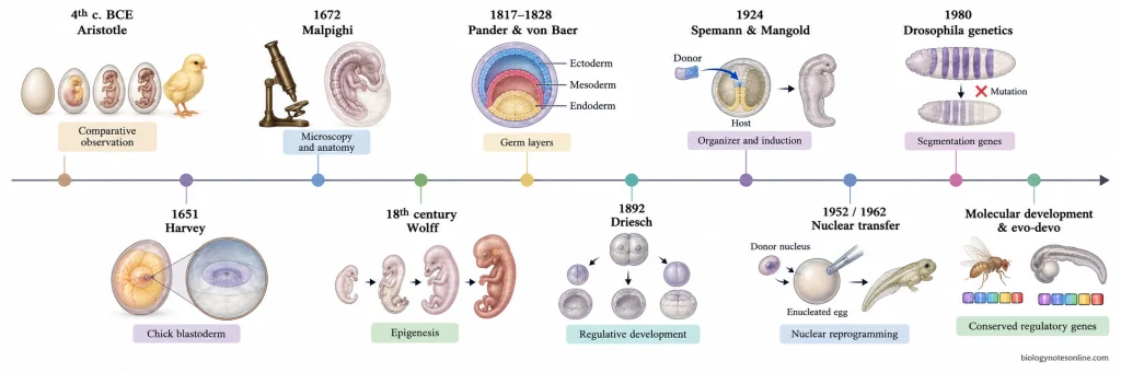 Timeline from Aristotle's embryo observations through classical embryology, experimental transplantation, nuclear transfer, Drosophila genetics, and modern molecular developmental biology.