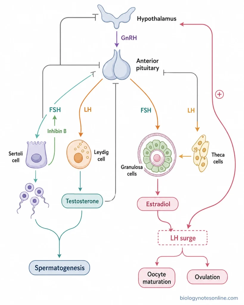 Gametogenesis: Definition, Process, Spermatogenesis and Oogenesis 4 HPG-axis pathway showing GnRH, FSH, and LH regulation of Sertoli and Leydig cells in males and granulosa and theca cells in females.