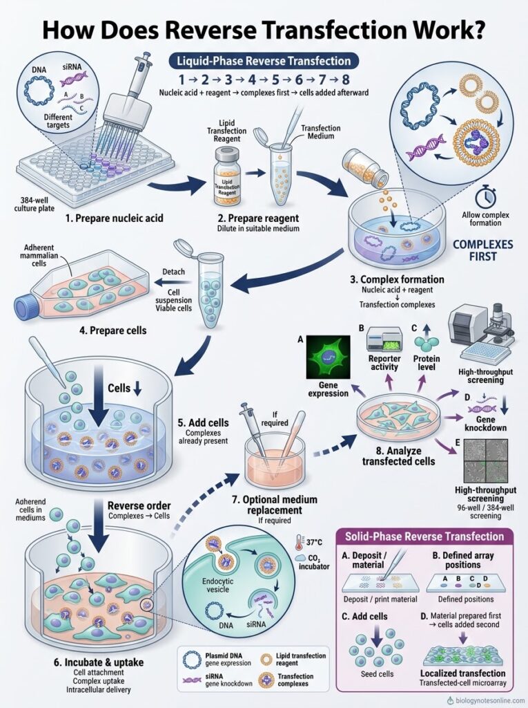 Reverse Transfection: Principle, Protocol, Steps & Applications 3 Schematic diagram showing How Does Reverse Transfection Work