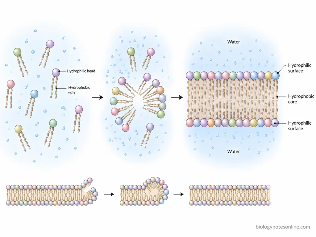 Amphipathic membrane lipids organizing with hydrophilic heads toward water and hydrophobic tails inward to form a self-sealing lipid bilayer.