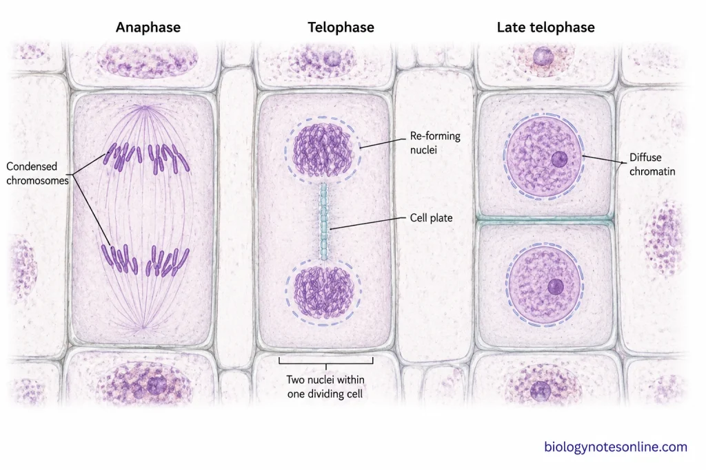 Plant-cell comparison showing anaphase, telophase, and late telophase, highlighting chromosome position, reforming daughter nuclei, chromatin decondensation, and cell-plate formation.