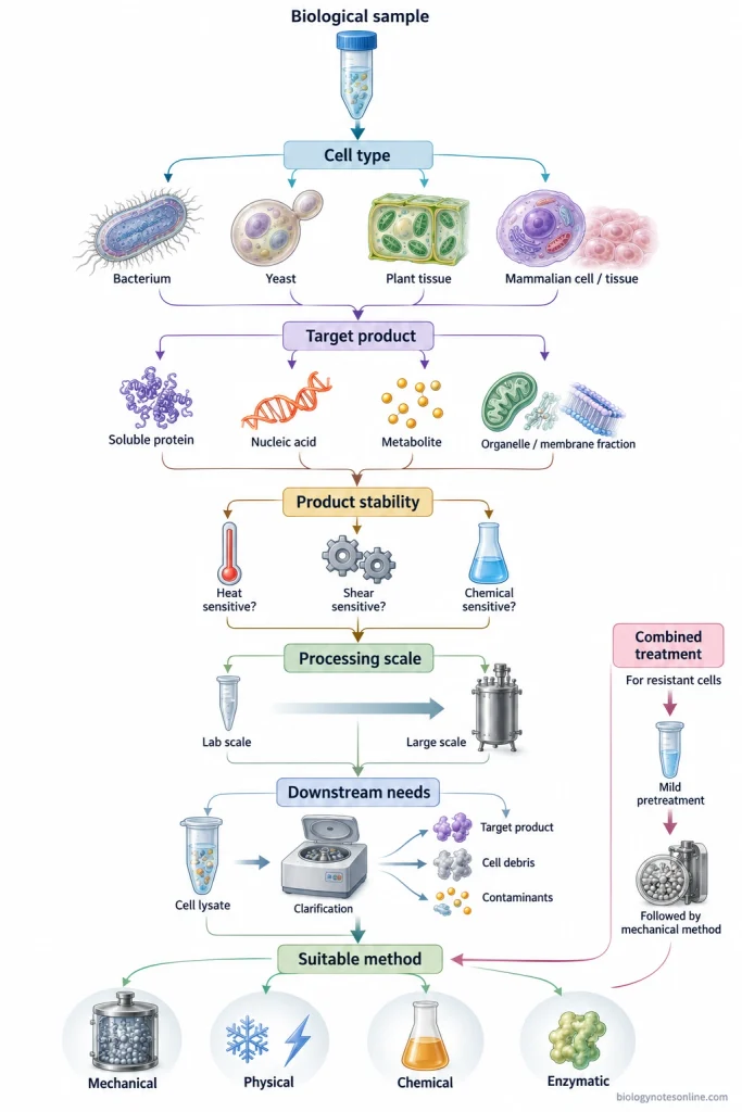 Decision pathway showing how cell type, target product, product stability, scale, and downstream processing influence cell disruption method selection.