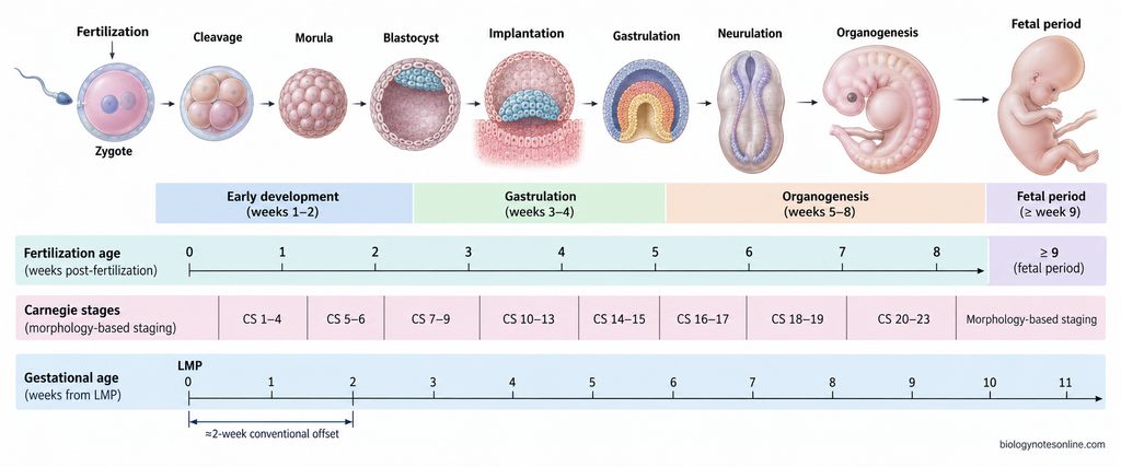 Human development timeline aligning fertilization through embryonic and early fetal development with fertilization age, gestational age and the 23 Carnegie morphological stages.