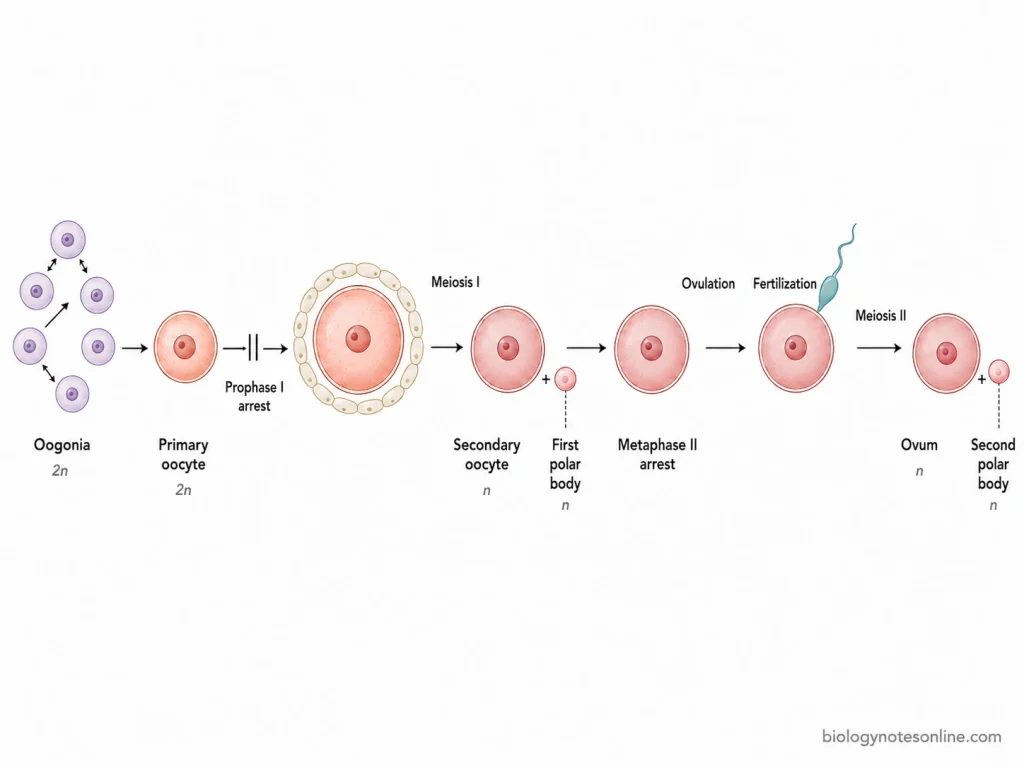 Gametogenesis: Definition, Process, Spermatogenesis and Oogenesis 3 Timeline of human oogenesis showing oogonia, primary oocyte arrest in prophase I, secondary oocyte formation, metaphase II arrest at ovulation, and completion of meiosis II after fertilization.