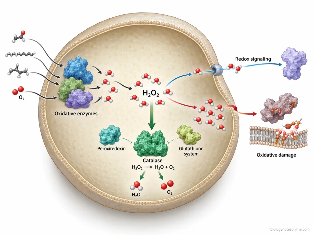 Peroxisomes: Definition, Structure, Functions and Biogenesis 6 Peroxisomal redox diagram showing hydrogen peroxide production by oxidative reactions, removal by catalase and antioxidant systems, redox signaling, and oxidative damage when peroxide accumulates.