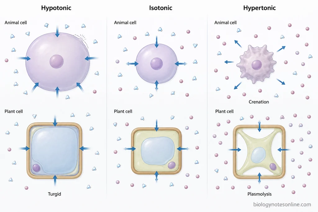 Passive Transport in Cells - Types, Mechanisms, and Examples 5 Animal and plant cells under hypotonic, isotonic, and hypertonic conditions showing water movement, swelling or turgor, stable volume, shrinkage, and plasmolysis.
