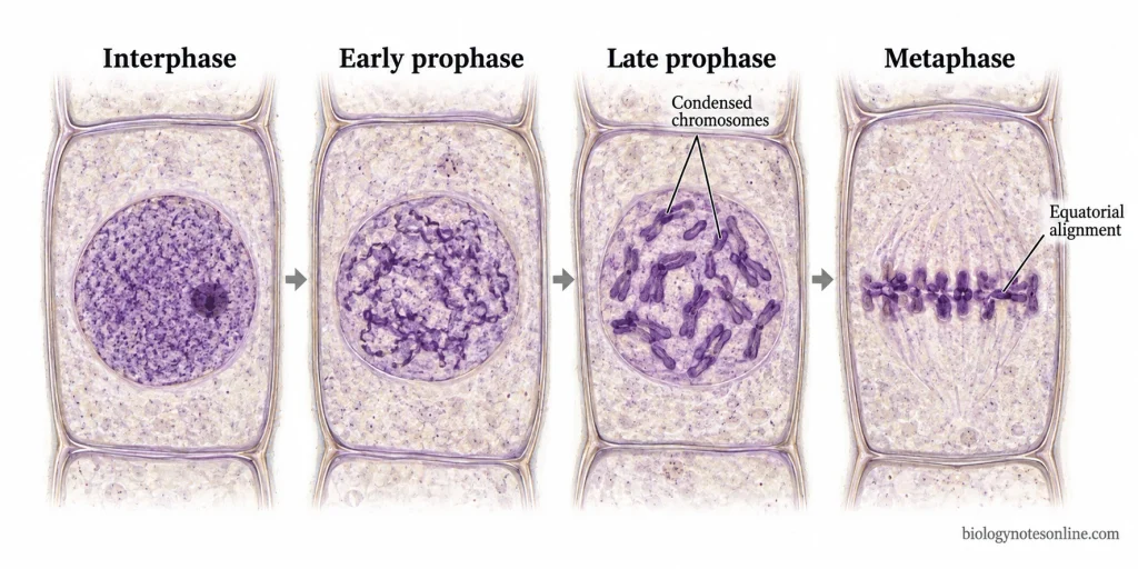Prophase: Definition, Events, and Stages in Cell Division 5 Comparative schematic of onion-root-tip cells showing diffuse interphase chromatin, chromosome condensation during prophase, and equatorial alignment during metaphase.