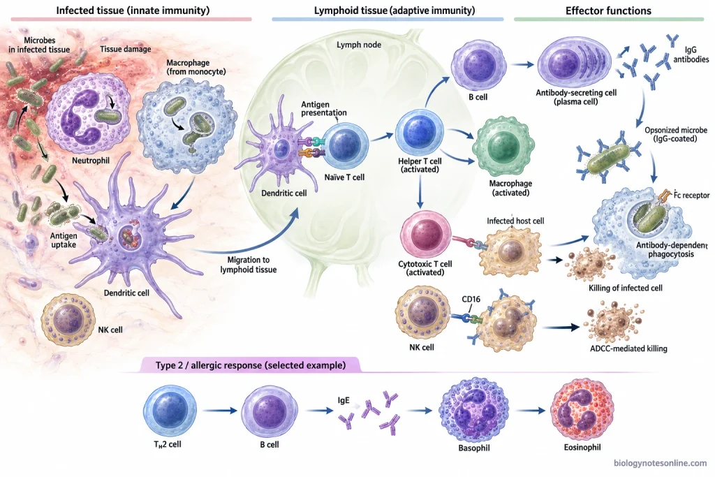 Dendritic cells, neutrophils, macrophages, B cells, T cells, NK cells, eosinophils, and basophils coordinating innate and adaptive immune responses.