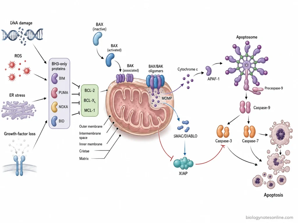Intrinsic apoptosis pathway showing cellular stress, BH3-only proteins, BAX and BAK-mediated MOMP, cytochrome c release, apoptosome formation, caspase-9 activation, and executioner caspases.