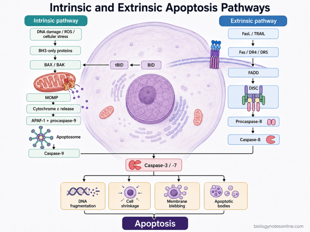 Diagram of intrinsic and extrinsic apoptosis pathways showing BAX/BAK, cytochrome c, apoptosome, caspase-9, DISC, caspase-8 and executioner caspases.