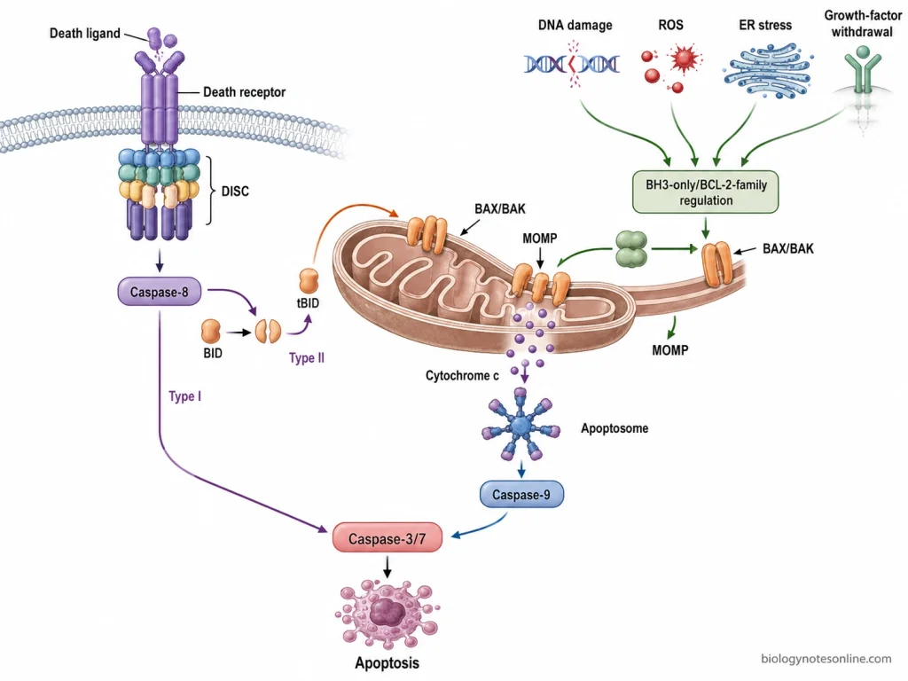 Comparison of intrinsic and extrinsic apoptosis showing caspase-9 and caspase-8 signaling and mitochondrial amplification through BID cleavage to tBID.