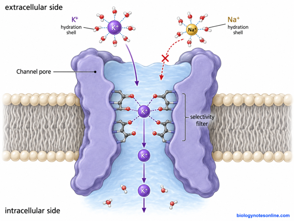 Diagram showing a channel selectivity filter favoring potassium ions over sodium ions during membrane transport.