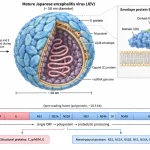 Cutaway of mature and immature Japanese encephalitis virus particles alongside the +ssRNA genome showing C, prM, E and NS1–NS5 coding regions.